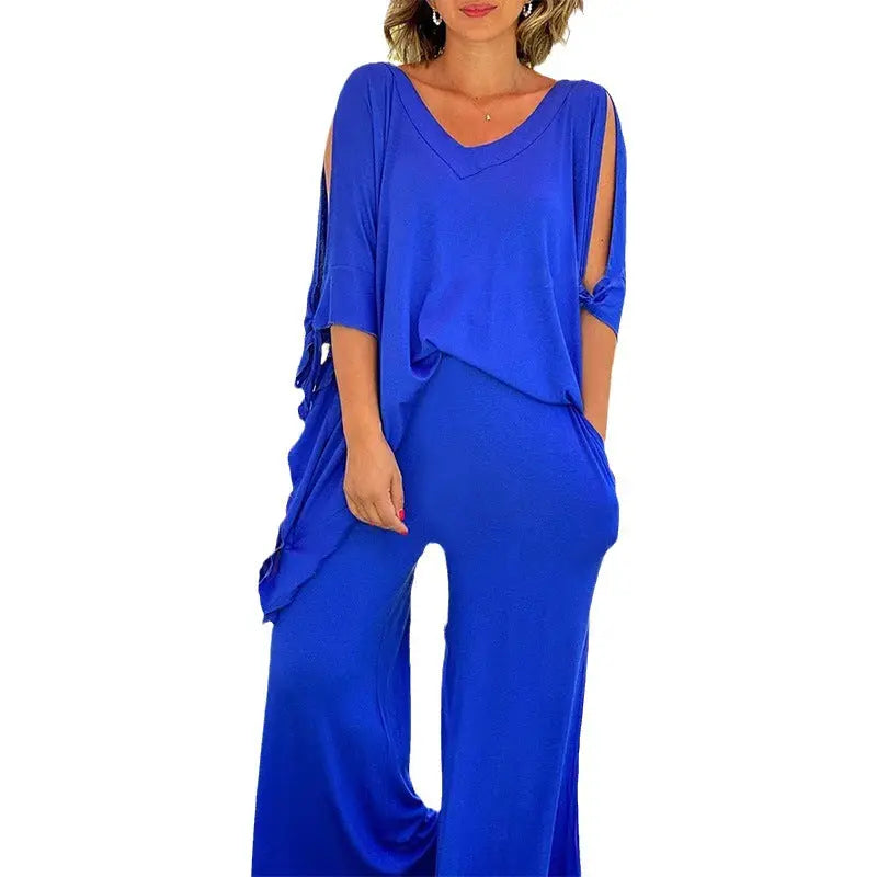 Women's 2 Piece Outfits Causal Loose Top & Wide Leg Pants spiyle