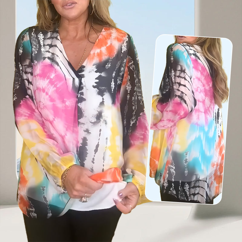 Tie-Dye Printed V-Neck Long Sleeve Shirt spiyle