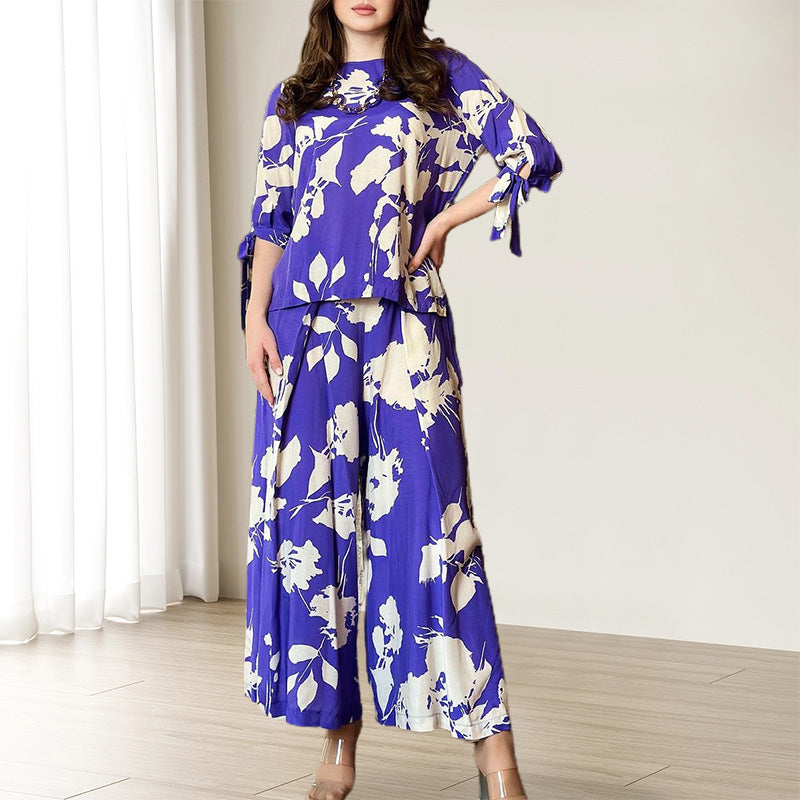 Floral Tie Sleeve Top Wide Leg Pants 2-Piece Set spiyle