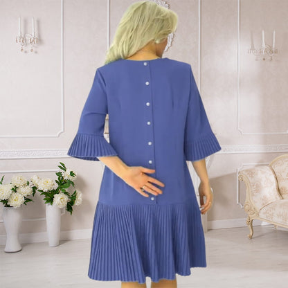 Women’s Solid Round Neck Half-Sleeve Pleated Dress