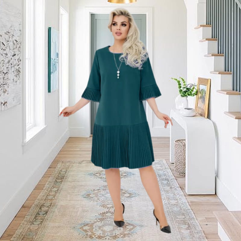 Women’s Solid Round Neck Half-Sleeve Pleated Dress