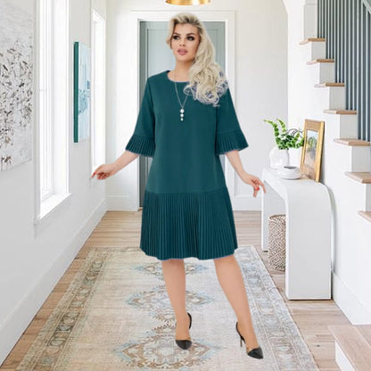 Women’s Solid Round Neck Half-Sleeve Pleated Dress