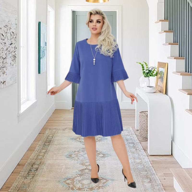 Women’s Solid Round Neck Half-Sleeve Pleated Dress