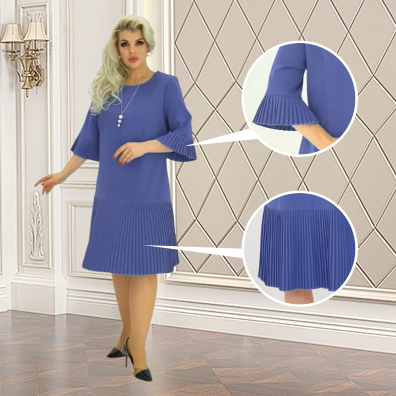 Women’s Solid Round Neck Half-Sleeve Pleated Dress