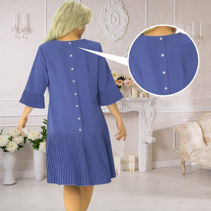 Women’s Solid Round Neck Half-Sleeve Pleated Dress