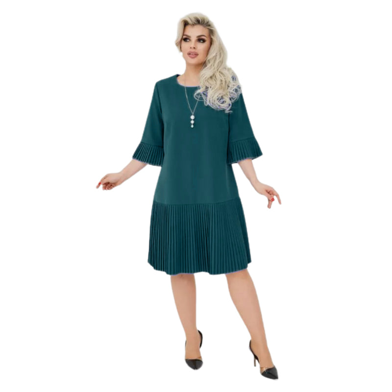 Women’s Solid Round Neck Half-Sleeve Pleated Dress
