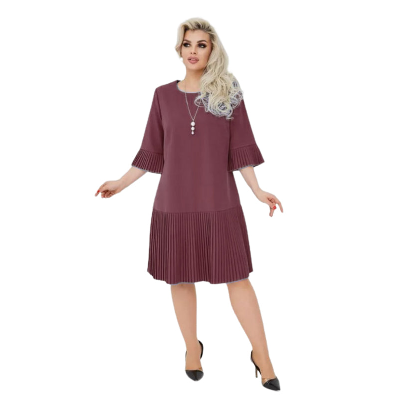 Women’s Solid Round Neck Half-Sleeve Pleated Dress
