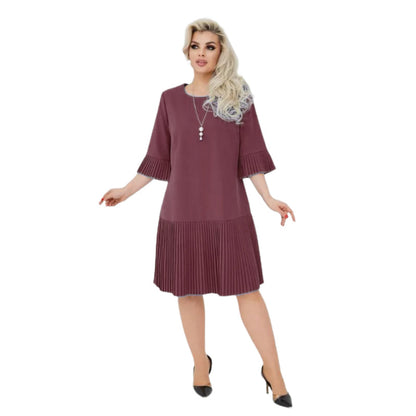 Women’s Solid Round Neck Half-Sleeve Pleated Dress