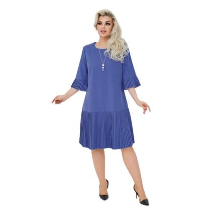 Women’s Solid Round Neck Half-Sleeve Pleated Dress
