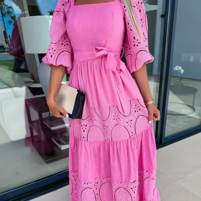 ⏳Time-limited Special⏰Women’s Trendy Patchwork Tie Waist Square Neck Long Dress