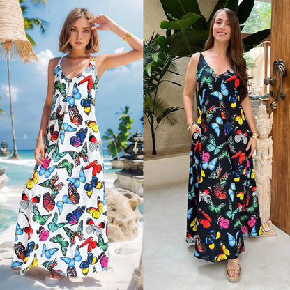 Butterfly Print V-neck Spaghetti Strap Maxi Dress spiyle