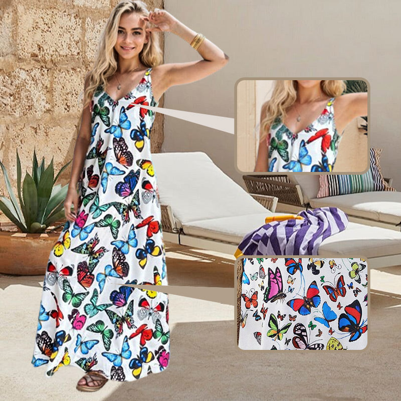 Butterfly Print V-neck Spaghetti Strap Maxi Dress spiyle