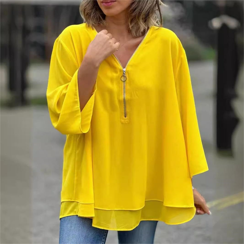 ✨Double-Layer V-neck Zipper 3/4 Sleeves Trendy Tops✈️Buy 2 for free shipping spiyle