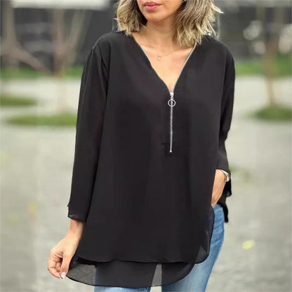 ✨Double-Layer V-neck Zipper 3/4 Sleeves Trendy Tops✈️Buy 2 for free shipping spiyle