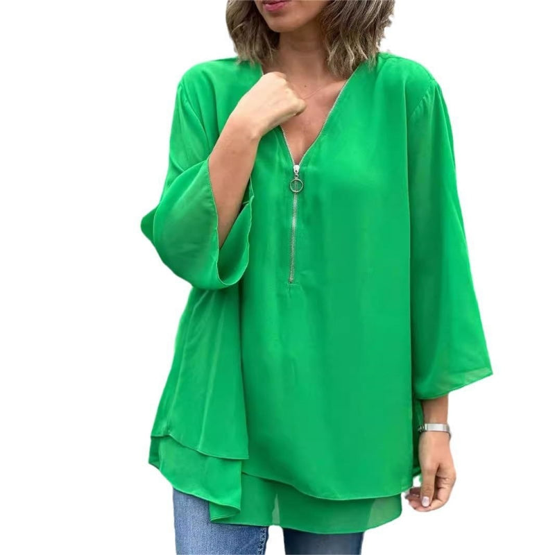 ✨Double-Layer V-neck Zipper 3/4 Sleeves Trendy Tops✈️Buy 2 for free shipping spiyle