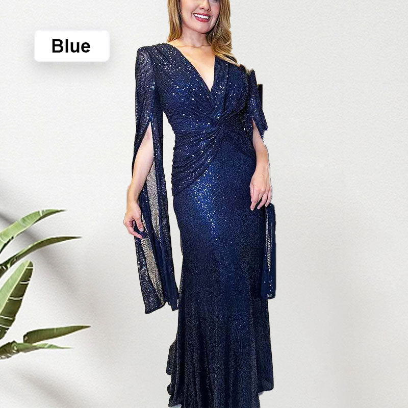 🎅Early Xmas Sales🎄Sequined V-Neck Evening Dress with Pleated Hem