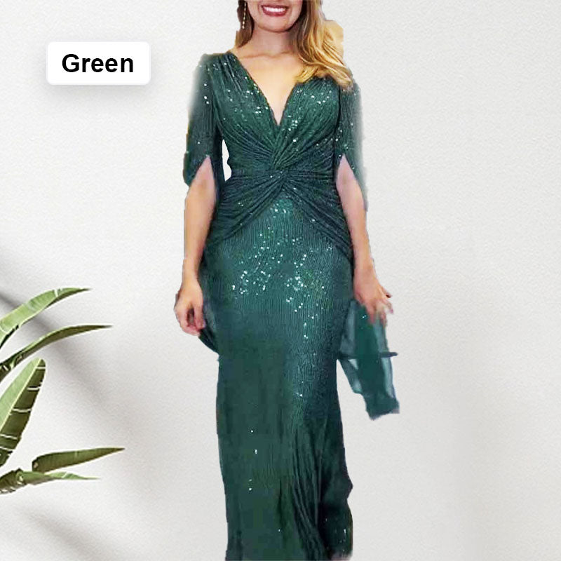 🎅Early Xmas Sales🎄Sequined V-Neck Evening Dress with Pleated Hem