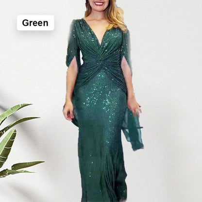 🎅Early Xmas Sales🎄Sequined V-Neck Evening Dress with Pleated Hem