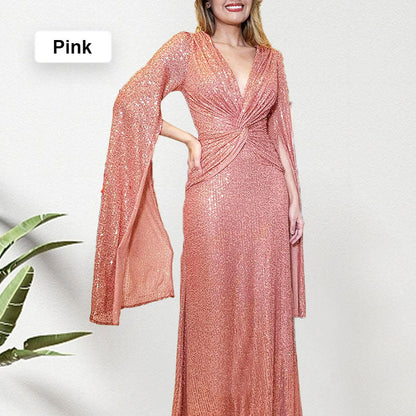 🎅Early Xmas Sales🎄Sequined V-Neck Evening Dress with Pleated Hem