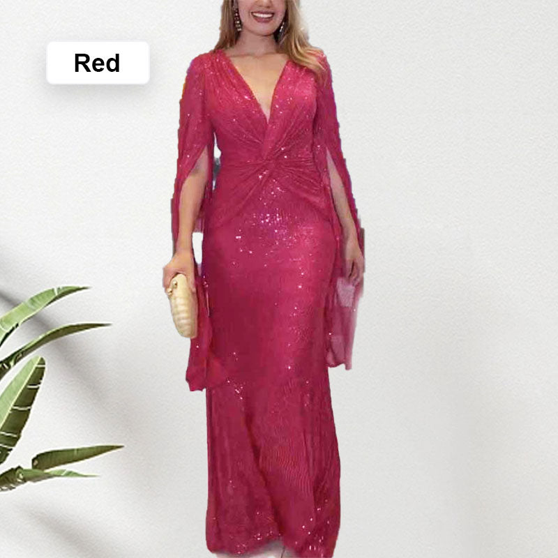 🎅Early Xmas Sales🎄Sequined V-Neck Evening Dress with Pleated Hem