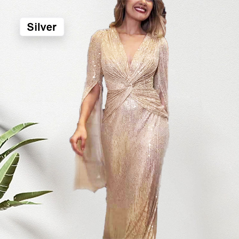 🎅Early Xmas Sales🎄Sequined V-Neck Evening Dress with Pleated Hem