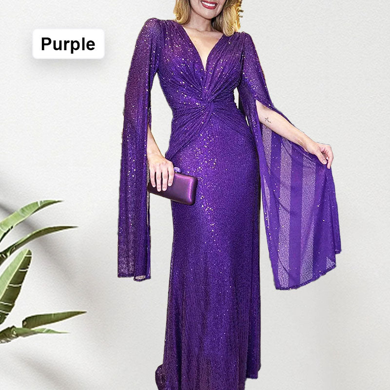 🎅Early Xmas Sales🎄Sequined V-Neck Evening Dress with Pleated Hem