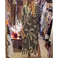 Women's Vintage Coconut Tree Print Dress with 3/4 Sleeve & Split Hem spiyle