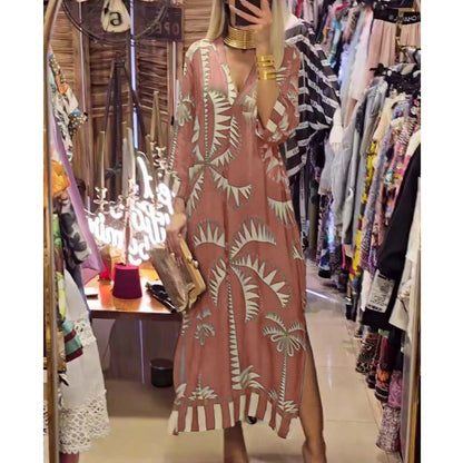 Women's Vintage Coconut Tree Print Dress with 3/4 Sleeve & Split Hem spiyle