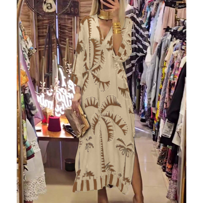 Women's Vintage Coconut Tree Print Dress with 3/4 Sleeve & Split Hem spiyle