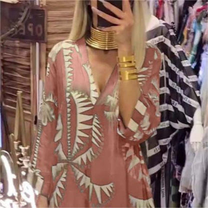 Women's Vintage Coconut Tree Print Dress with 3/4 Sleeve & Split Hem spiyle