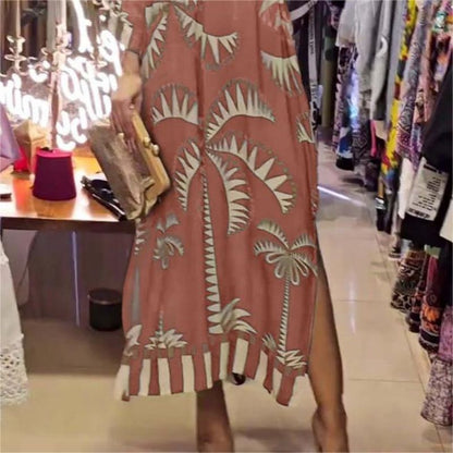 Women's Vintage Coconut Tree Print Dress with 3/4 Sleeve & Split Hem spiyle