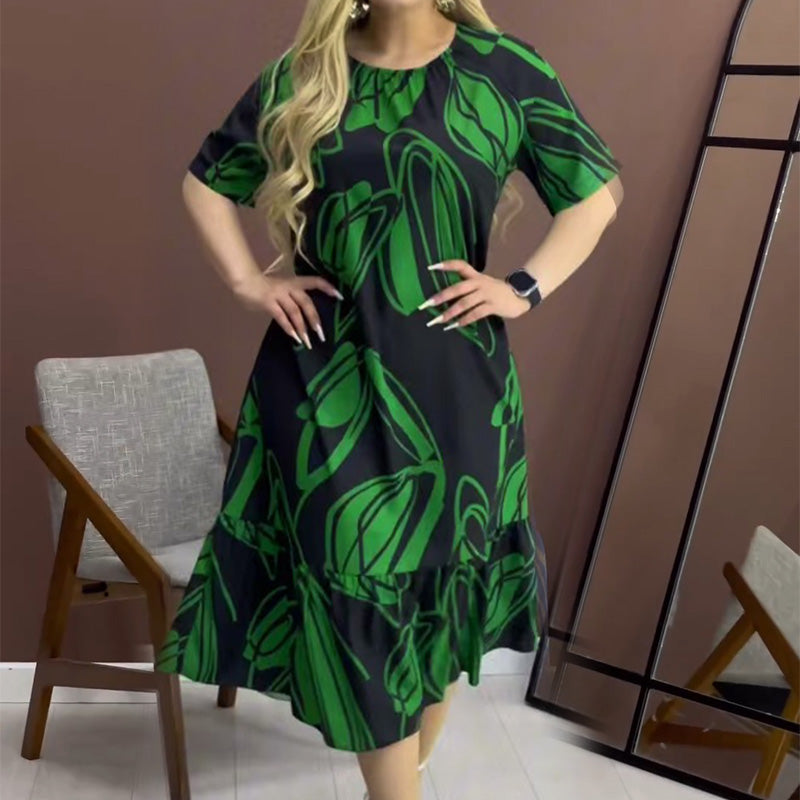 Elegant Round Neck Printed Flowy Dress spiyle