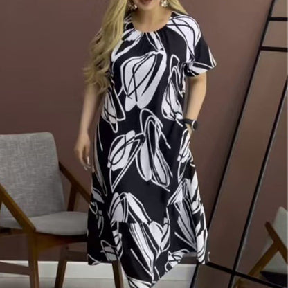 Elegant Round Neck Printed Flowy Dress spiyle