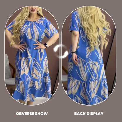 Elegant Round Neck Printed Flowy Dress spiyle