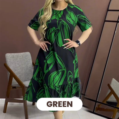Elegant Round Neck Printed Flowy Dress spiyle