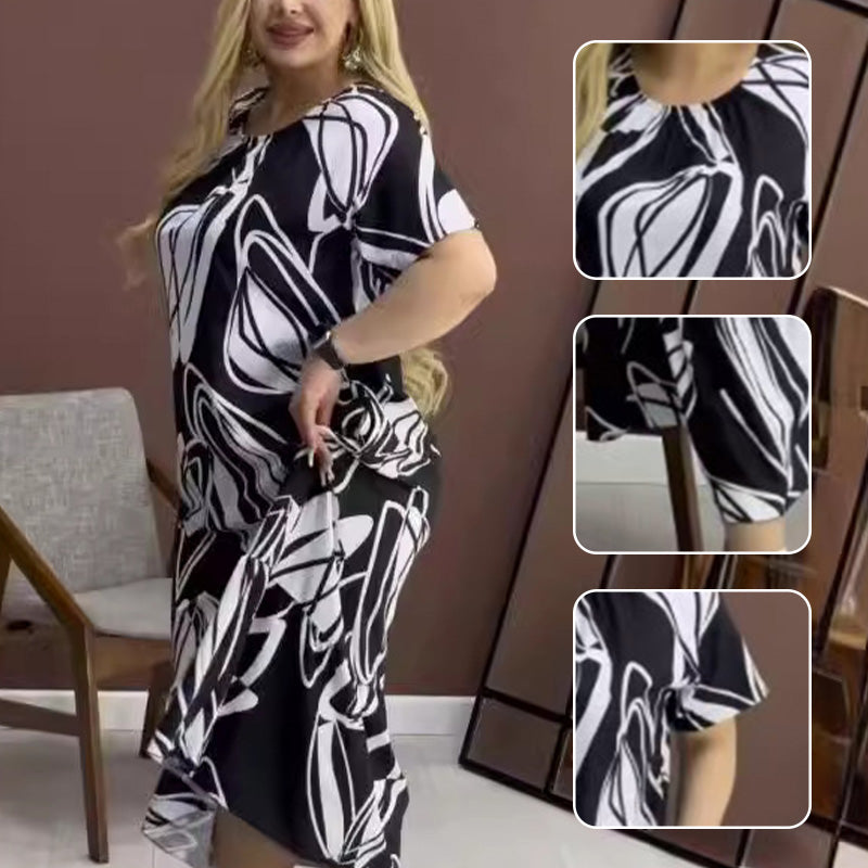 Elegant Round Neck Printed Flowy Dress spiyle