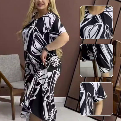 Elegant Round Neck Printed Flowy Dress spiyle