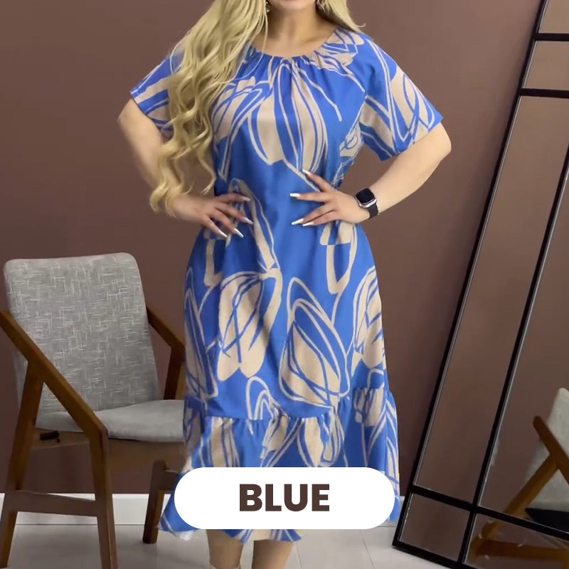 Elegant Round Neck Printed Flowy Dress spiyle