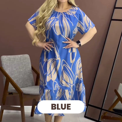 Elegant Round Neck Printed Flowy Dress spiyle