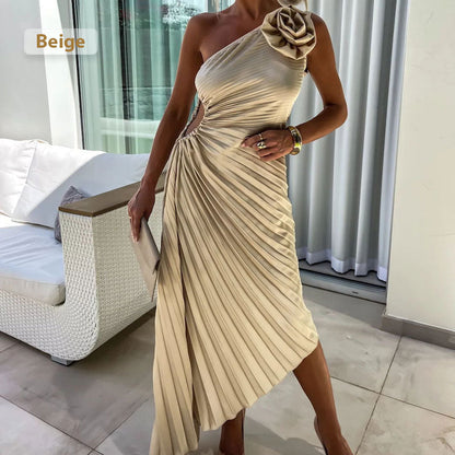 💕 Classy & Comfortable:Asymmetrical Pleated Dress with Slant Neckline
