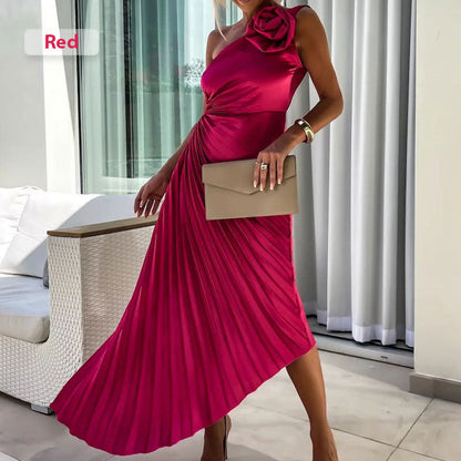💕 Classy & Comfortable:Asymmetrical Pleated Dress with Slant Neckline