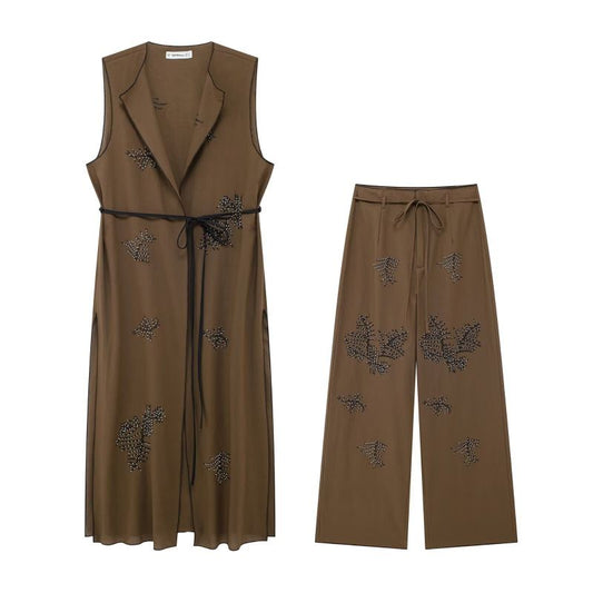 Women's Embroidery Sleeveless Vest Coat & Wide-leg Pants 2-Piece Set