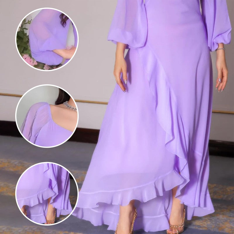 U-Neckline Solid Color Irregular Hem Maxi Dress