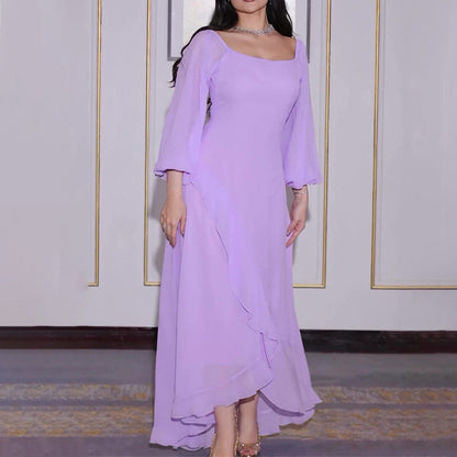 U-Neckline Solid Color Irregular Hem Maxi Dress
