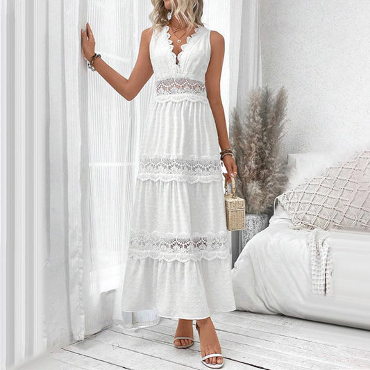 Elegant sleeveless lace edged openwork layered dress