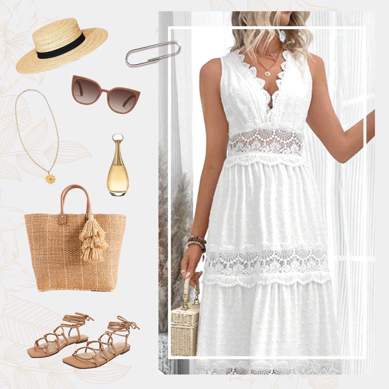 Elegant sleeveless lace edged openwork layered dress
