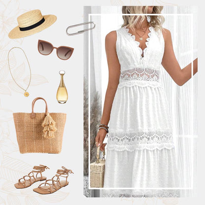Elegant sleeveless lace edged openwork layered dress