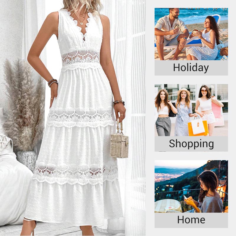 Elegant sleeveless lace edged openwork layered dress