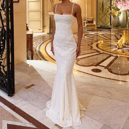 Elegant White Spaghetti Strap Backless Dress