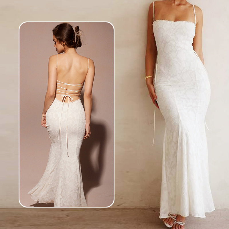 Elegant White Spaghetti Strap Backless Dress